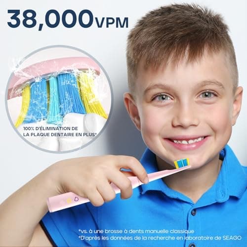 Seago brosse à dents électrique rechargeable pour enfants, brosse à dents électrique enfant avec autocollants DIY drôles, minuterie de 2 minutes, 4 têtes de brosse SG2303(rosa)