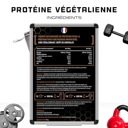 Proteine Poudre Vegan - Protéines végétales de pois, riz, amande et chanvre - Sans soja - Délicieuses & crémeuses - (750 g, Chocolat)