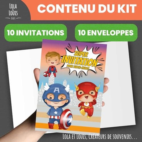 LOLA & LOUIS® • 10 cartes invitation anniversaire en Français • 10 enveloppes • Thèmes super-héros (Spiderman, Flash, Captain America, Batman) • Cartons pour inviter filles et garçons