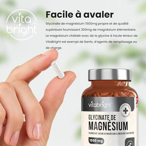 Magnesium Bisglycinate 1500mg, 3 Mois, 300mg de Magnesium Pur Élémentaire en Poudre, 180 Gelules de Magnesium Bio, Magnésium Bisglycinate/Bisglycinate de Magnésium Bio, VitaBright Magnesium Glycinate
