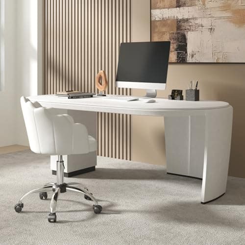 WOLTU Chaise Bureau, Chaise Coiffeuse, avec Dossier en Pétale, Fauteuil Coquillage, Chaise de Bureau Ergonomique, Chaise Velours Pivotante, Hauteur Réglable, Cadre en Métal, Crème Blanc BS152cm