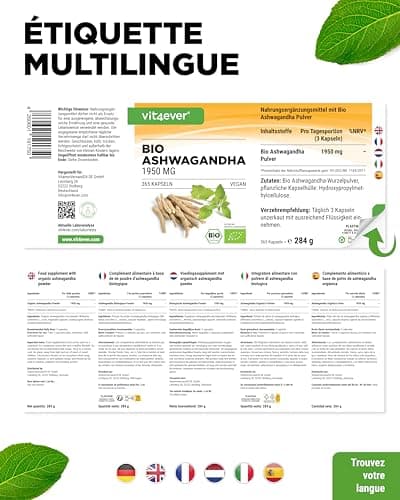 Original Organic Ashwagandha - 365 Capsules - Fortement dosé avec 1950mg par portion quotidienne - Véritable baie du sommeil indienne - Vegan