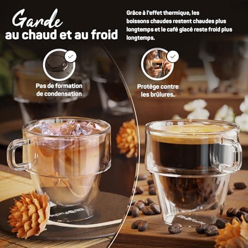 ElbFuchs® Tasse double paroi expresso [4x 150ml EMPILABLE] Verre double paroi à expresso | Verre isotherme | Tasse café transparente | Tasse a cafe double paroi avec anse