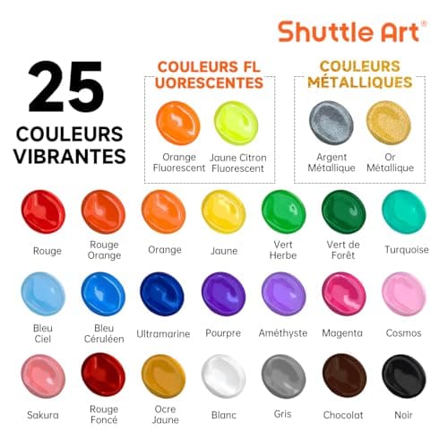 Shuttle Art Peinture Acrylique, Lot de 25 Couleurs de Peintures Acryliques en Bouteille (60ml),Riche Pigmentée et Imperméable,Parfait pour Artistes,Débutants et Enfants sur Toile,Tissu,Pierre