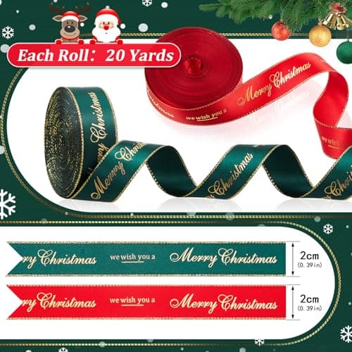 Syhood 2 Ruban de Noël pour Emballage Cadeau Ruban Rouge Vert Noël Joyeux Noël Ruban de Satin pour Le Bricolage Bouquets d'emballage Décoration de Fête de Vacances (20 mm X 10 yd)