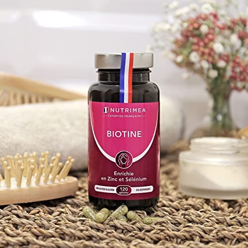 BIOTINE | Sans Excipient | Accélère la Pousse des Cheveux & Ongles | Avec Vitamine B8, Pépins de Courge, Zinc et Sélénium | 120 Gélules Vegan | Fabrication Française | Nutrimea
