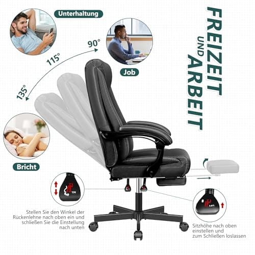 DoChair Fauteuil de Direction Chaise de Bureau Large siège de Bureau Ergonomique Dossier Haut 150KG avec Repose-Pieds Office Chair en Cuir PU, Noir