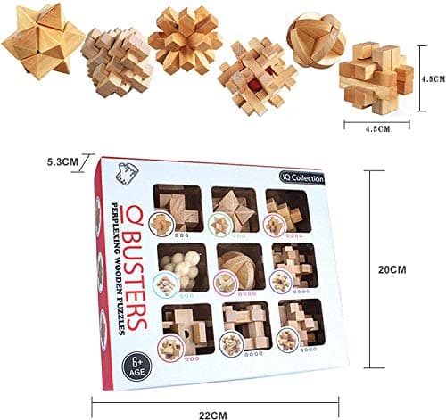 OBEST 9 Piezas Rompecabezas de Madera,Rompecabezas de lógica para el Entrenamiento Cerebro,Ejercicio Mental,IQ Puzzle Juguetes educativos,3D Brain Teaser entrelazados Rompecabezas para niños y Adultos