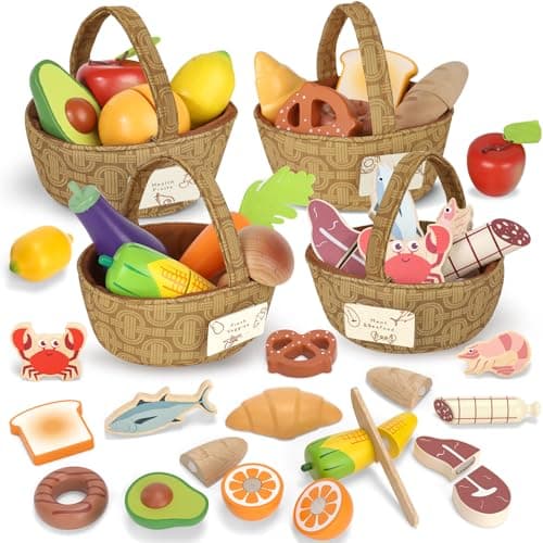 Lehoo Castle Accessoire Cuisine Enfant, Jouet de Cuisine en Bois Enfant, Accessoires Cuisine Enfant avec Panier en Tissu, Jouet Alimentaire, Jouet Montessori 3 4 5 6 7 Ans