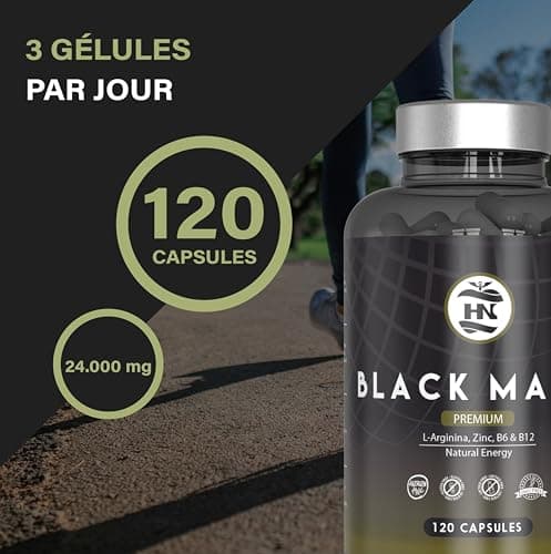 Maca Noire Extra Forte 24000mg - 120 Gelules - Extrait de Maca Noir 20:1 Améliore la Performance homme et femme Macca L-Arginine, Zinc, Vitamine B6 et B12 pour combat la fatigue et le stress Oxydant