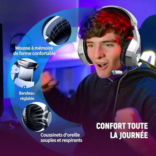 Ozeino Casque Gaming pour Ps5 PC Ps4, Casque Gamer pour Micro RGB 7 Couleurs Transducteurs 50mm Stéréo Basse Micro Anti-Bruit Réglable Compatible avec Switch Xbox Series X & S-Blanc