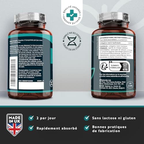 Collagene Marin Hydrolysé Type 1-1200mg - 120 Collagène Marine Comprimés - Peptides de Collagène Hydrolysé - Protéines de Collagen pour Articulations et Hydratation de la Peau - Nutravita