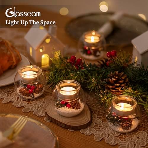 Glasseam Bougeoir De NoëL en Verre : Lot De 3 Photophores Bougeoirs De NoëL DéCoratifs avec des Baies Rouges Et des Pommes De Pin pour Les Centres De Table Cadeau