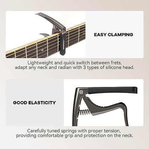 Linrax C3 Capodastre Guitare, Capo de Guitare 4 en 1 avec Extracteur de Goupille de Chevalet, Capo pour Guitare Basse Ukulélé Banjo Mandoline, 3 Têtes de Silicone, Accessoires de Guitare, Chrome Noir