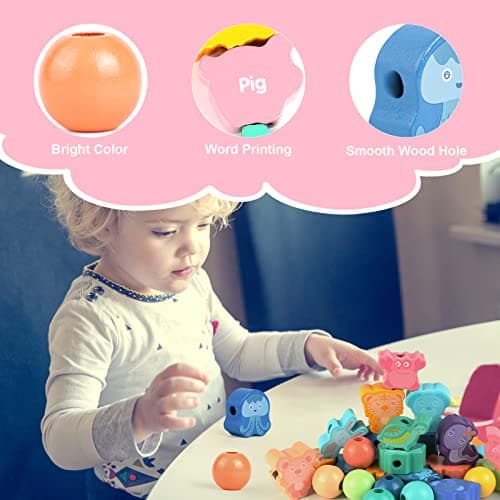32 Jouets de Filetage en Bois, Perles de Laçage éducative, Perles à Enfiler Montessori, Jeu D'enfilage de Perles Jouet pour D'apprentissage Educatifs pour Garçons Filles 2 3 4 5 6 Ans