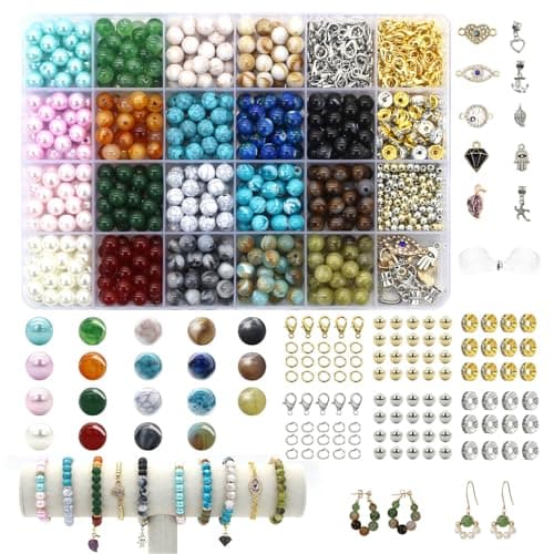 Liangding Perles pour Bracelet, 8MM Perle Pierre Artificielles, 1040 Perles pour Bijoux Adulte, Kit Bracelet avec Pendentif Accessoires, pour la Fabrication de Bijoux Bricolage Artisanat DIY