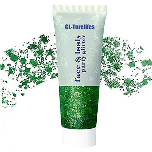 GL-Turelifes Chunky Glitter Gel Glitter Body Gel Festival Glitter Cosmétique Visage Cheveux Ongles Maquillage Sirène Paillettes Liquide Fard À Paupières Longue Durée Étincelant 50 ml (#09 Vert)