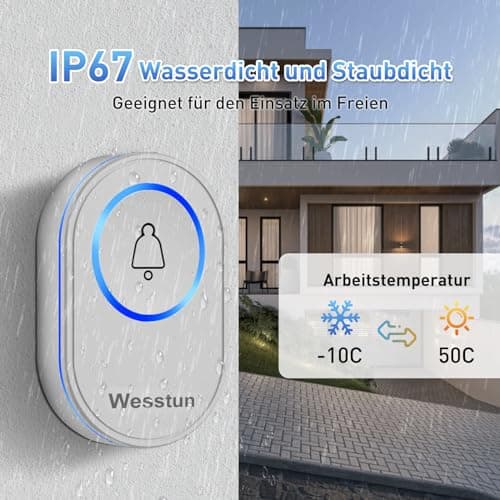 Sonnette sans Fil Exterieur Etanche, Wesstun IP67 Étanche Kit de Carillon Electronique, 39 Mélodies au 5 Niveaux Volumes Doorbell, Facile à Installer à La Maison Sonnette sans Fil, Blanc