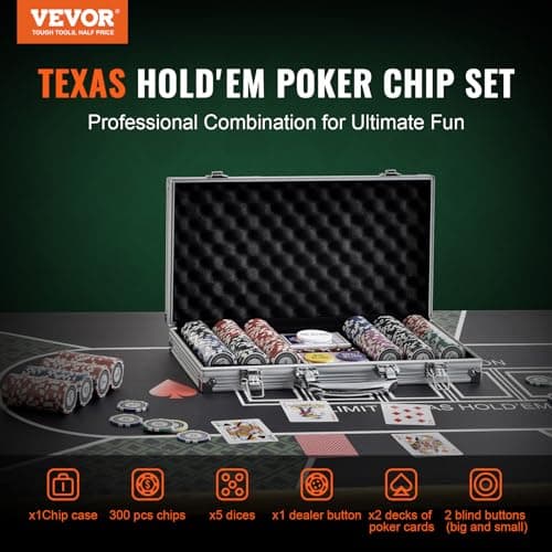 VEVOR Mallette de Poker 300 Jetons de Poker en Plastiques et Alu 11,5 g 40 x 3,3 mm avec 2 Jeux de Cartes 1 Bouton de Croupier et 2 Boutons Blind pour Blackjack Texas Jeux de Hasard Casino à Domicile