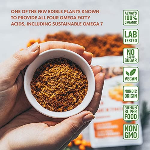 Poudre d’argousier bio LOOV, riche en fibre, faite à 100% de baies entières, 110 g, cultivés dans les régions nordiques, riche en oméga, vitamines C et E, Portions de 23 jours, ni sucre ajouté ni OGM