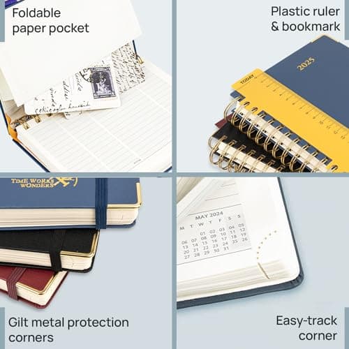 POPRUN Agenda 2025 Journalier 21,5 x 14,5 cm - Couverture Rigide Spirale, 1 Page par Jour A5 Agenda, D'Jan 2025 à Déc 2025-12 Mois, Avec règle signet, Papier Certifié FSC® 80 g/m2, Jaune clair