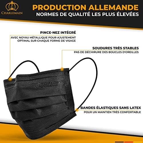 Masque chirurgical Charlemain 50x, Noir, MADE IN GERMANY, EN 14683 type IIR, certifié CE, protection buccale et nasale médicale, BFE > 99%, 3 plis, résistant aux éclaboussures, inodore, sans latex