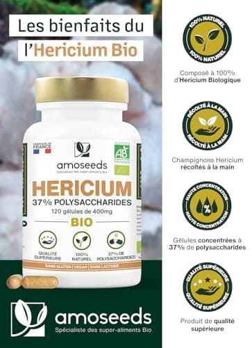 Hericium Erinaceus BIO | Champignon de la Mémoire | Hautement Dosé, 37% Polysaccharides | 120 gélules vegan | Lion’s Mane, Vegan, Sans Additifs | Qualité Supérieure | Fabriqué en France