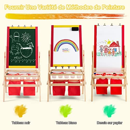 DREAMADE Chevalet Enfants Multifonctionnel 3 en 1, Tableau à Dessin Magnétique sur Pieds avec 3 Hauteurs Réglables, Double Face de Tableau Noir et Tableau Blanc, Autocollants Magnétiques