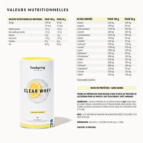 foodspring Clear Whey, Limonade, 480g, Shake protéiné léger et rafraîchissant de Whey Isolate premium.