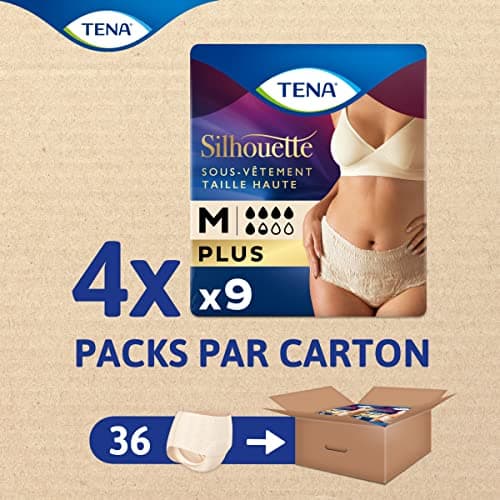 TENA Silhouette Plus Taille Haute - Sous-Vêtements Absorbants Jetables Incontinence Femme - Culottes pour Fuites Urinaires Modérées à Fortes - Crème - Taille M - Pack de 36 (4 x 9)