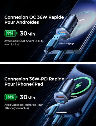 LISEN Chargeur Allume Cigare USB C, PD 36W & QC 18W Chargeur Voiture Rapide3.0, Mini Alumencigare USB C, Prise Allume Cigrae 12 V pour iPhone 17 Pro Max 16 15 14 13 Galaxy S24 23 iPad Tablette Airpods