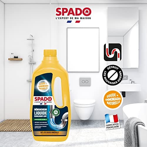 SPADO - Déboucheur liquide - Ecoulement lent - Détruit les odeurs - compatible fosse septique - action dès 15min - soude minérale concentrée 30% - 1 L - Fabriqué en France