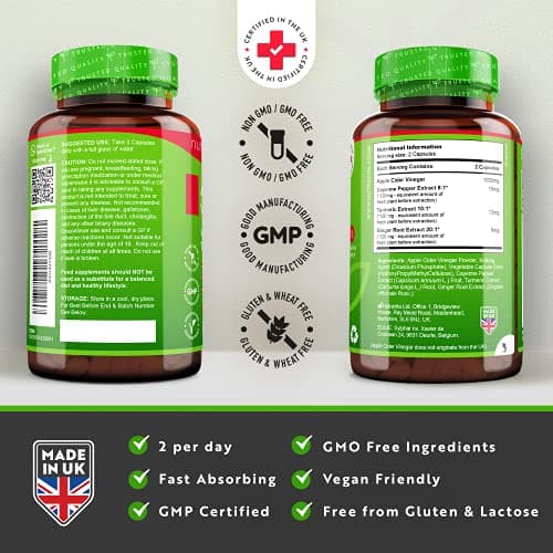 Vinaigre de Cidre de Pomme 1033 mg - 180 gélules végane de vinaigre de cidre bio - Avec du poivre de Cayenne, du curcuma et du gingembre - Fabriqué par Nutravita