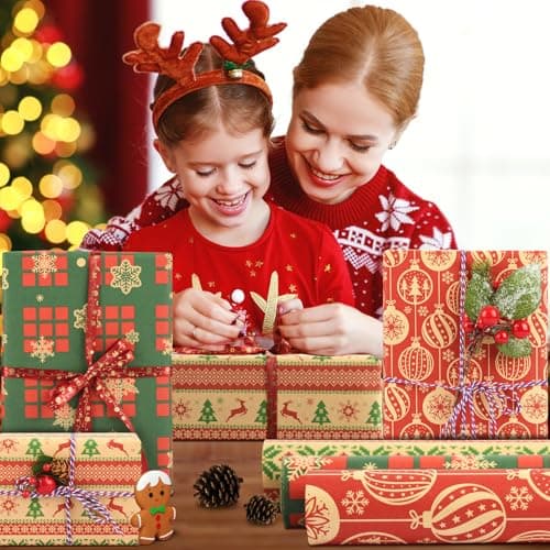 AhfuLife Papier Cadeau Noël Gros Rouleau 60CM×6.5M, 3 Rouleau Grande Longueur Papier Kraft Noël avec Jolis Motifs de Flocon de Neige - Arbre de Noël - Cloches Rounge Pour Emballage Géant Cadeau Noël