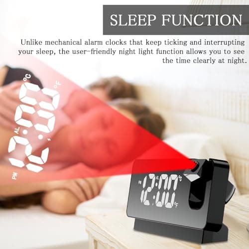TNSLAND Réveil à projection, radio-réveil avec projection 180 °, réveil LED, horloge numérique, snooze, double gong, température USB, fonction de charge, horloge de projection pour la maison, le