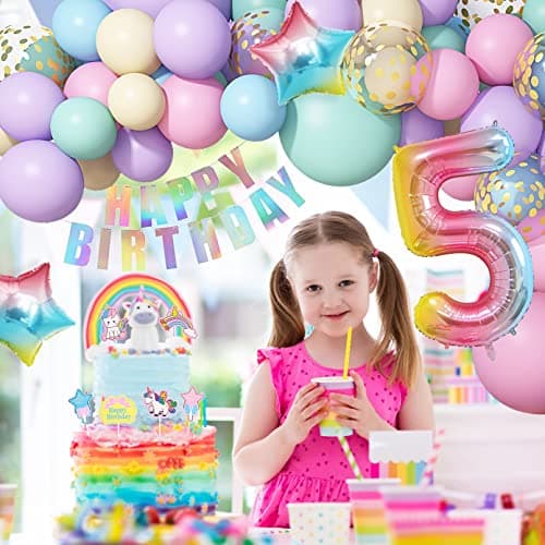 5 Ans Licorne Ballons Arche Anniversaire Décorations Fille, 120 Pièces Kit Pastel Ballon avec 3D Licorne Macaron Rose Violet Latex Confetti Numéro 5 Ballons Joyeux Anniversaire Bannière Cake Toppers