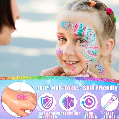 Kit Tatouage Paillettes Enfant Filles, 36 Couleurs Tatouage Temporaire à Paillettes, Kit Maquillage de Tatouage Paillette Temporaires, Cadeau pour Anniversaire Carnaval Fête