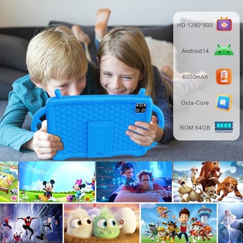 Semeakoko Tablette Enfants 10 Pouces, Tablette Android 14 Octa-Core 2,0 GHz, 10 Go RAM 64 Go ROM (TF 1 to), 6000 mAh, WiFi, Bluetooth, Double Caméra, Contrôle Parental, APP éducation Enfants (Bleu)