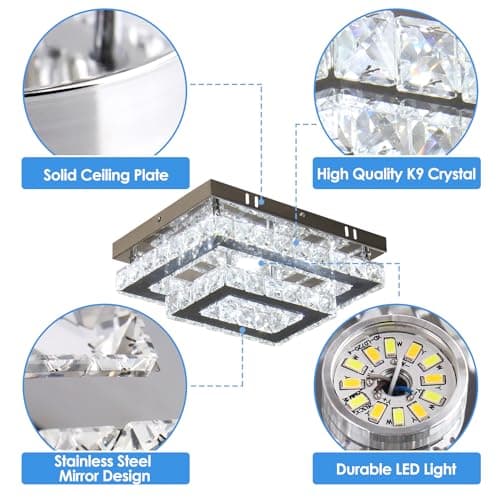 Finktonglan Plafonnier LED en cristal Lampe de plafond rectangulaire moderne K9 en acier inoxydable lustre encastré pour salon chambre à coucher salle à manger (dimmable)