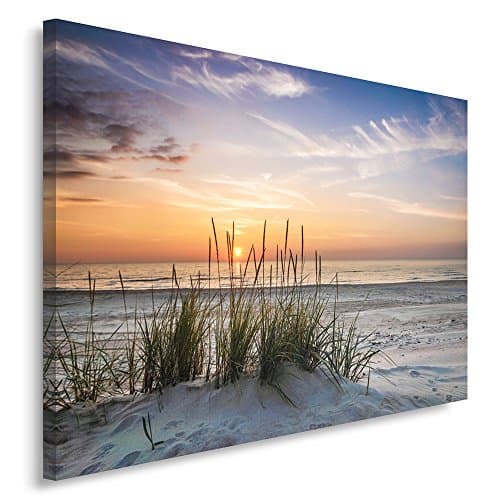 Feeby Impression sur Toile Intissé Mer Plage Herbe Nature 50x40 cm Image Moderne Tableau Déco Mural Salle De Séjour Coucher De Soleil multicolore