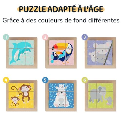 Merle Toys® Puzzle Enfant 2 Ans, Puzzle en Bois Enfant 3 Ans, Jeux Montessori Éducatif, Puzzle Cube en Bois, Jouet Enfant 2 Ans, 6 Motifs d’Animaux Sauvages pour Stimuler Curiosité et Apprentissage