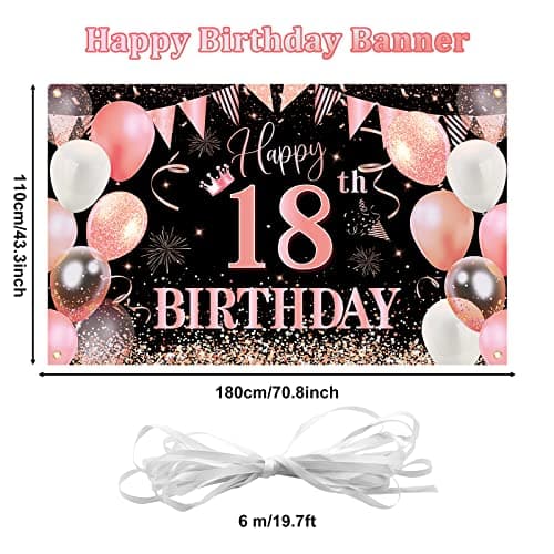 18 Décorations fête en Rose or Noir,Deco Anniversaire 18 ans Bannières de Joyeux Anniversaire Fête Porche Signe Bannière pour 18 ans Décoration Homme Femme