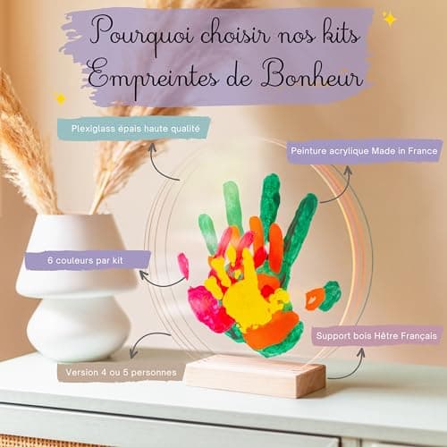 Patrocle Empreintes de Bonheur - Kit Empreinte Famille de 4 Peps - Coffret Naissance - Empreintes mains et pieds - Fête des Mères - Support bois - Made in France - 4 plexiglas