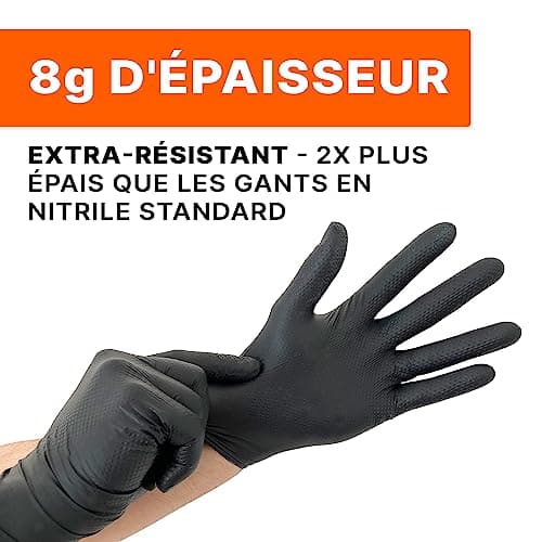 PROGRIP Gants jetables, Gants nitrile extra forts, Gant nitrile noir L, 2x plus épais, Gant noir avec structure diamant, Gants mecanicien extra-résistants, 50 pcs/boîte, gants nitrile M, L, XL, XXL