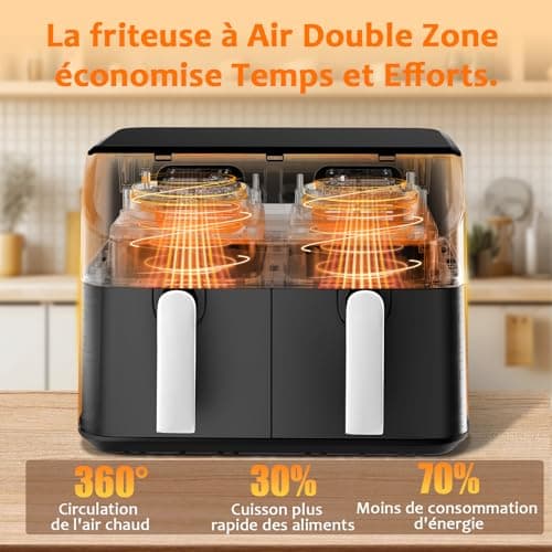 YASHE Dual Zone Air Fryer, 9L Friteuse Sans Huile avec 2 Tiroirs, 8-en-1 Programmes de Cuisson Écran Tactile Friteuse Air Fryer, Fonctions Match Cook & Smart Finish Friteuse Air Chaud