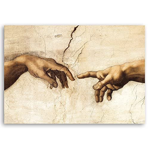 Feeby Impression sur Toile Intissee Reproduction Michel-Ange La création d'Adam 60x40 cm Tableau Moderne Tableau Photo Chambre à Coucher Chapelle Sixtine Mains Voûte beige