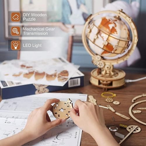 ROWOOD Puzzle 3D Bois Globe Lumineux Maquette en Bois a Construire Adulte - Kits de Modèles de Bricolage Construction Jouet - Cadeaux de Noël et d'anniversaire pour Adultes et Adolescents