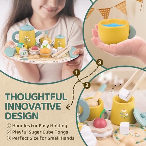Airlab Service à Thé Bois Bébé, Jeux Rôle Tea Party, Jouet Éducatif Éveil Montessori, Gâteau Dessert Dinette Jouet Cuisine, Cadeau Créatif Anniversaire Pâques Halloween Noël Enfant Garçon Fille 3+ Ans