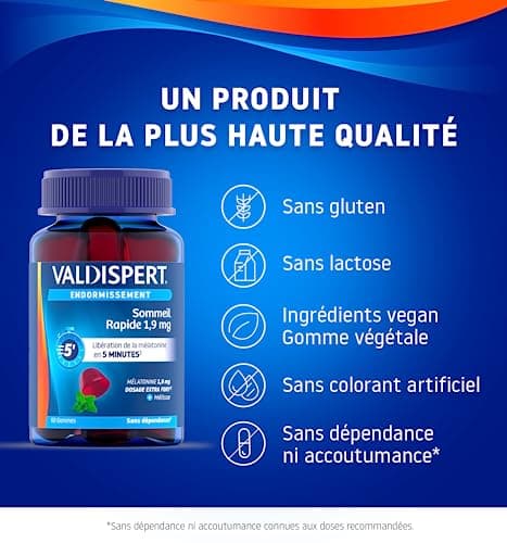 VALDISPERT - Endormissement - Gommes Sommeil Rapide 1,9 mg - Complément Alimentaire À La Mélatonine 1,9mg & extrait Mélisse - Libération En 5 Min - Goût Fruits Rouges - Ingrédients Vegan - 60 Gummies