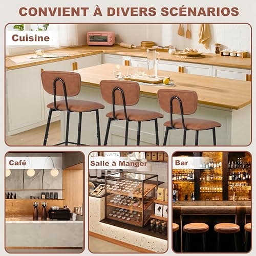 Nusetx Tabouret de Bar Lot de 2 Chaise de Bar avec Dossier et Repose-Pieds, Tabourets Haute pour Cuisine Salle à Manger Bistro, Chaise 65 cm de Haut, Brun